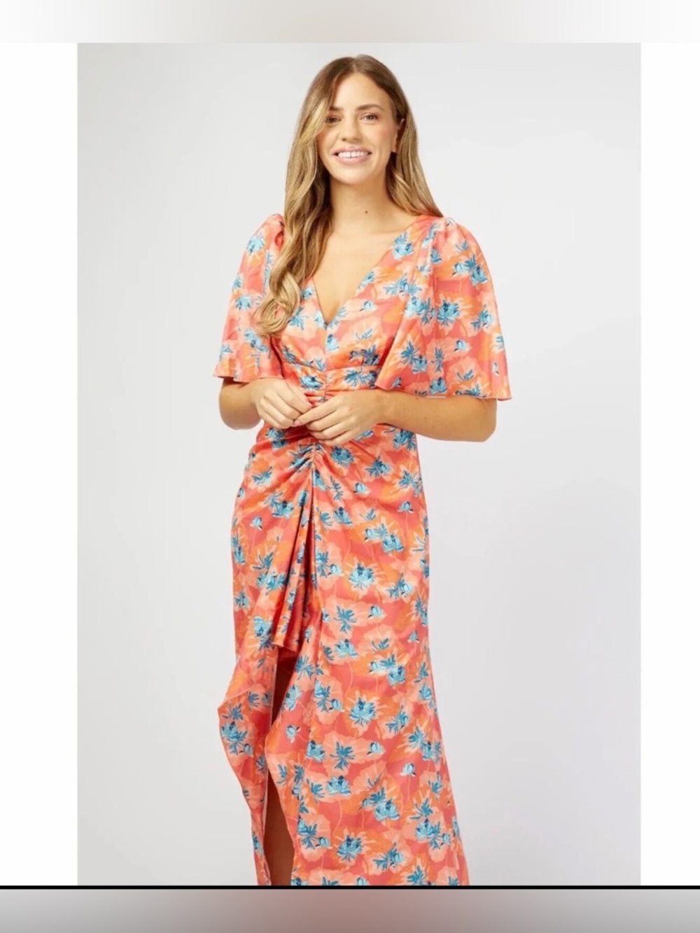 Coral Floral Maxi Dress with Blue Print Little Mistress size 14